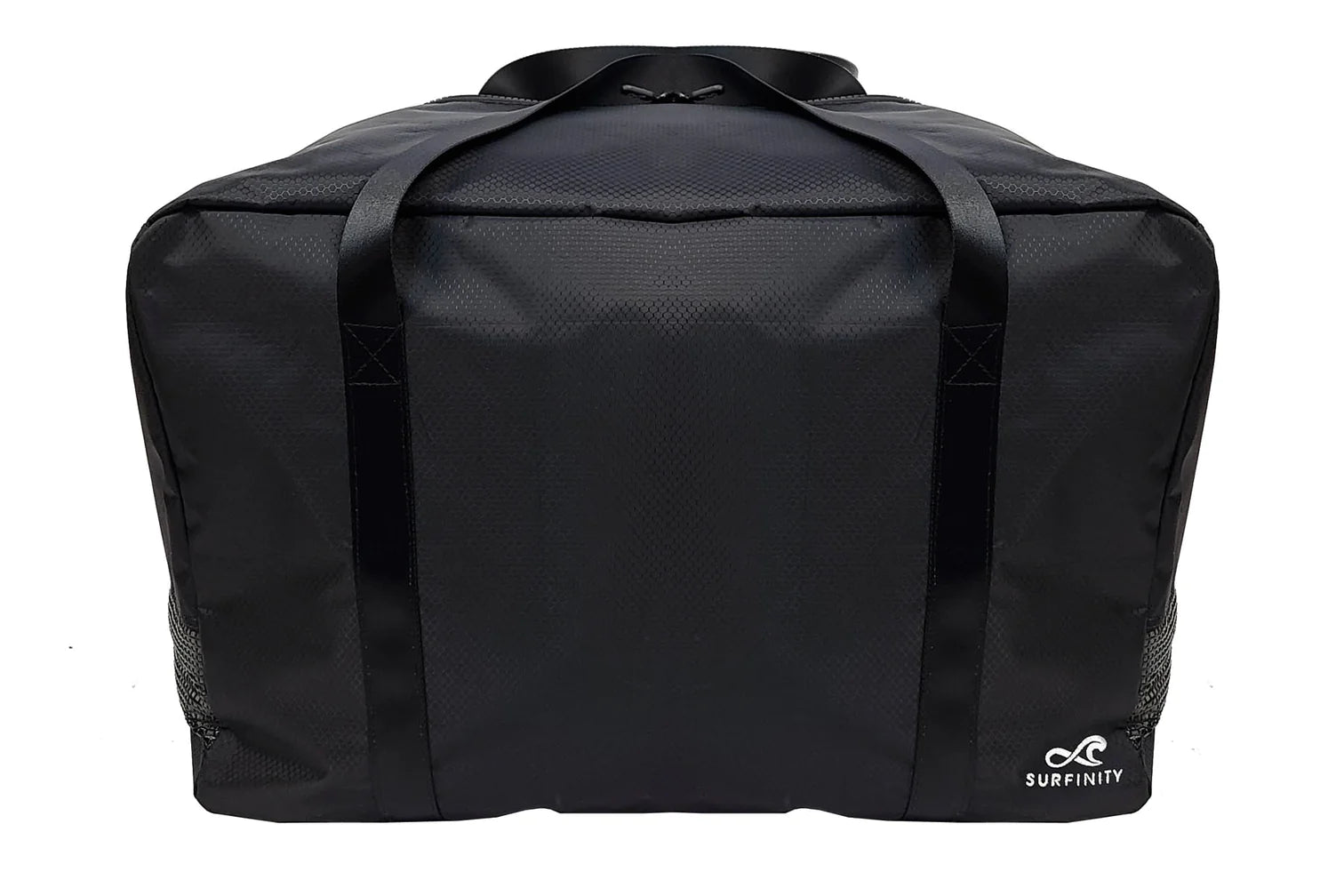 Black factory cover bag with handles and mesh side pockets, designed for surfboards, branded with Surfinity logo.