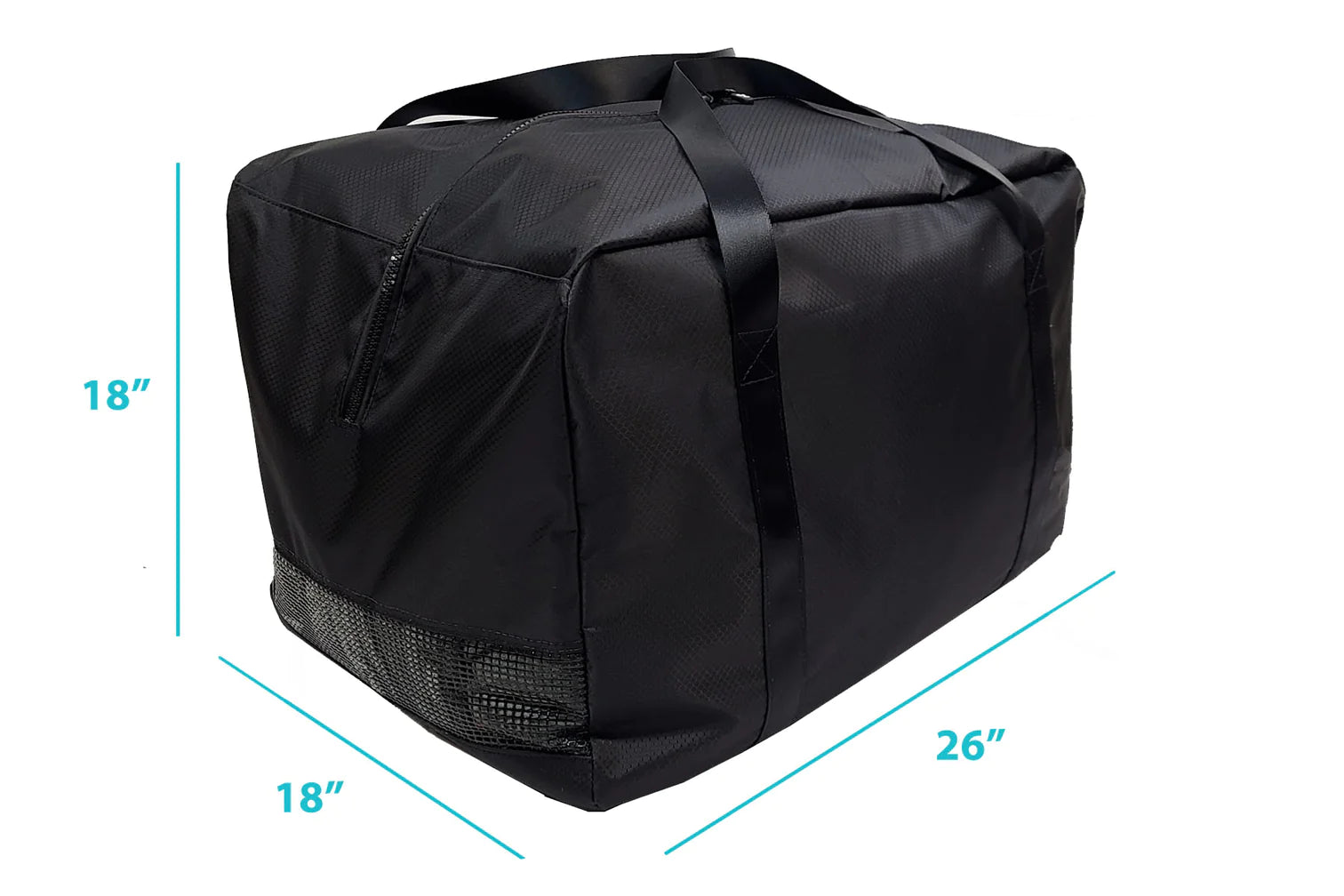Black factory cover bag measuring 18x18x26 inches, made of durable material with a front zipper and mesh vent.
