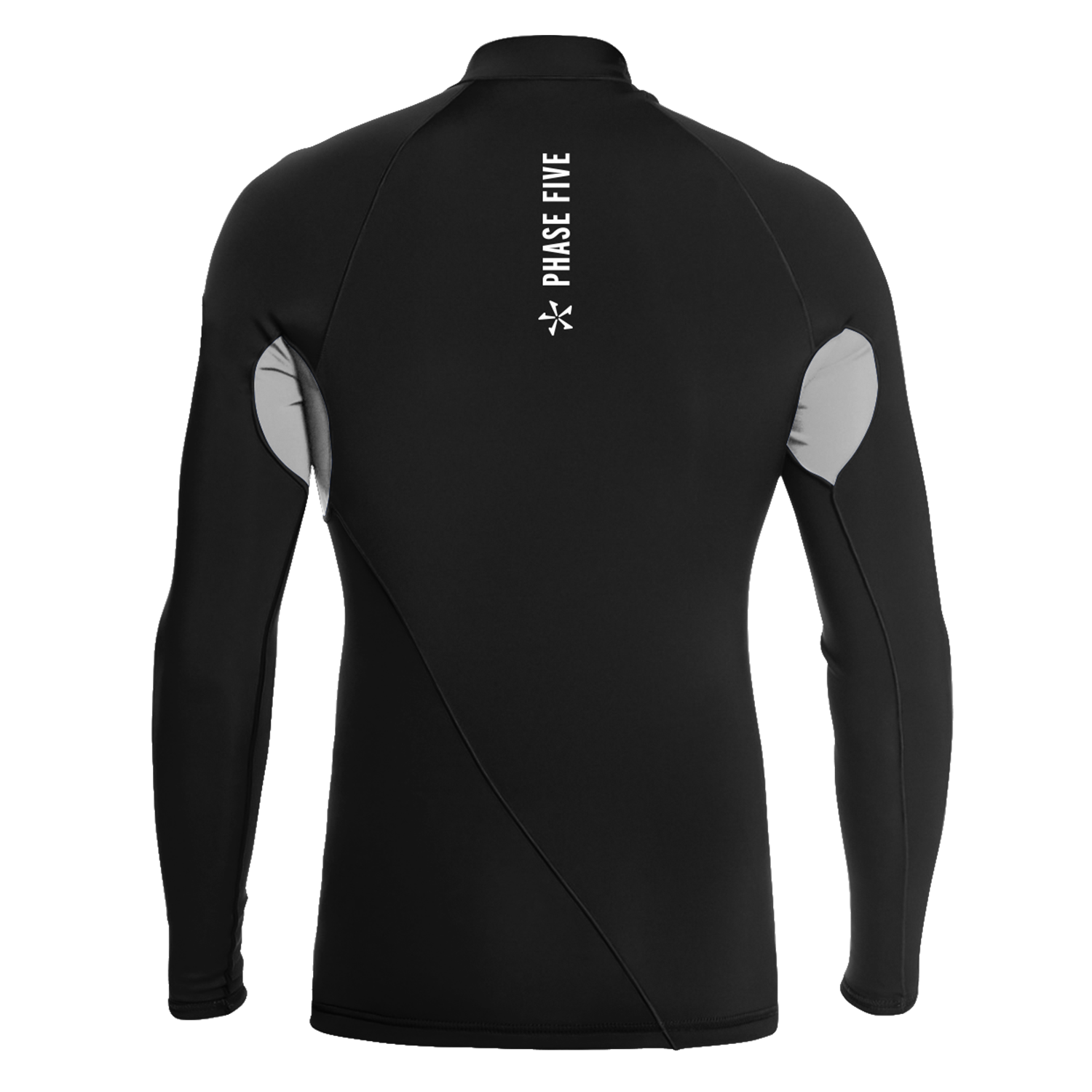 Unisex 2025 Phase 5 wetsuit top in black with white accents, featuring logo and long sleeves for water sports.