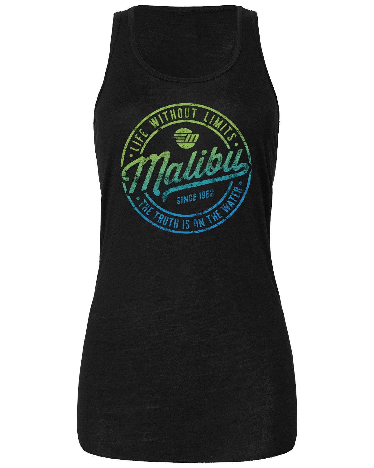 Women's black tank top with a colorful Malibu logo and slogan, featuring a gradient design and sleeveless style.