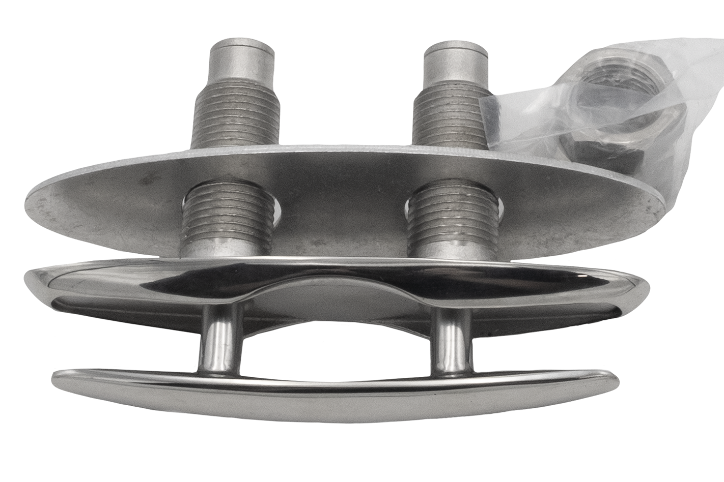 Stainless steel Axis Pull Up Cleat with multiple mounting bolts, designed for secure boat or dock anchoring.