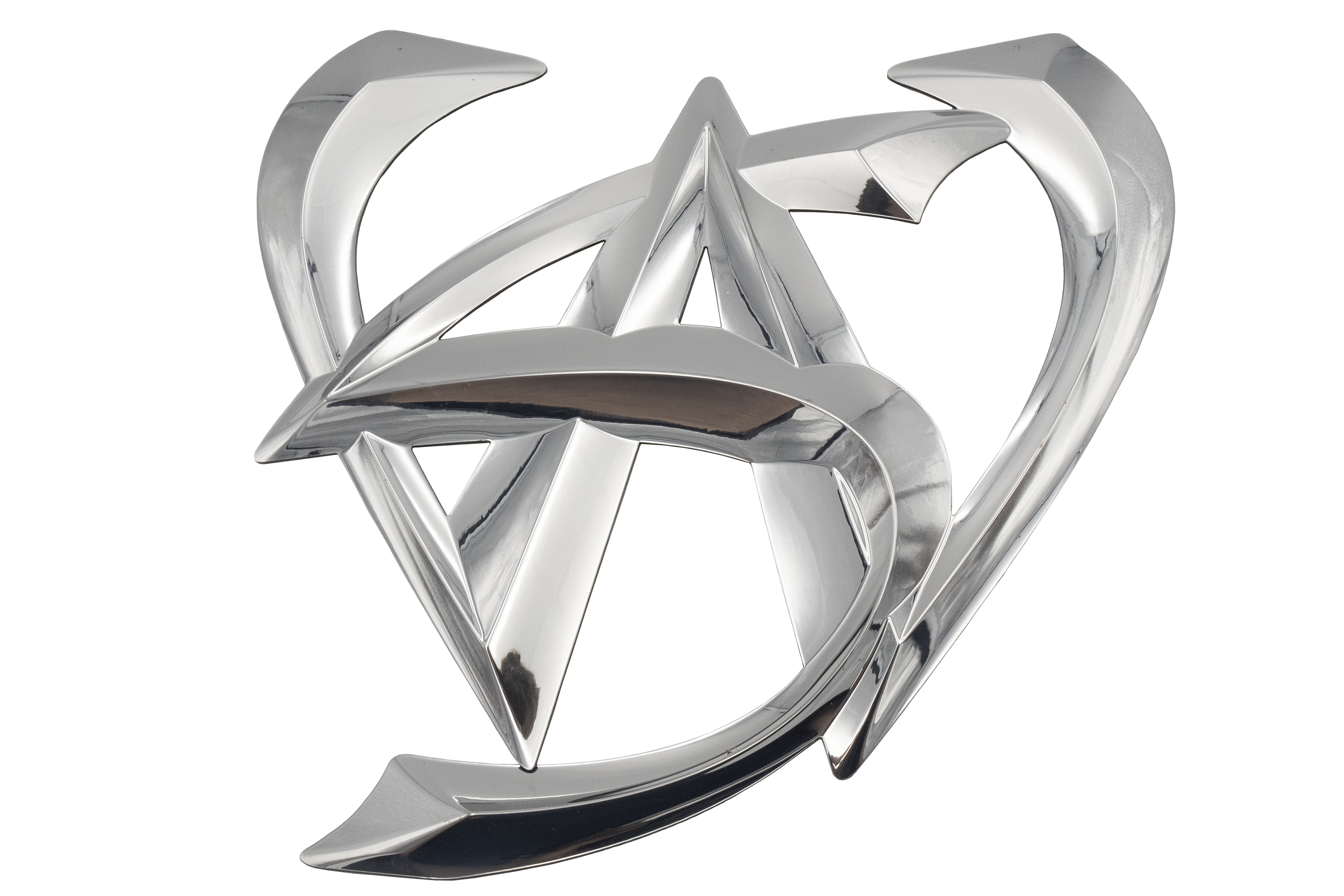 Chrome overlay emblem featuring a stylized "WS" design with intersecting and sharp angular elements, showcasing a reflective metallic finish on a white background.