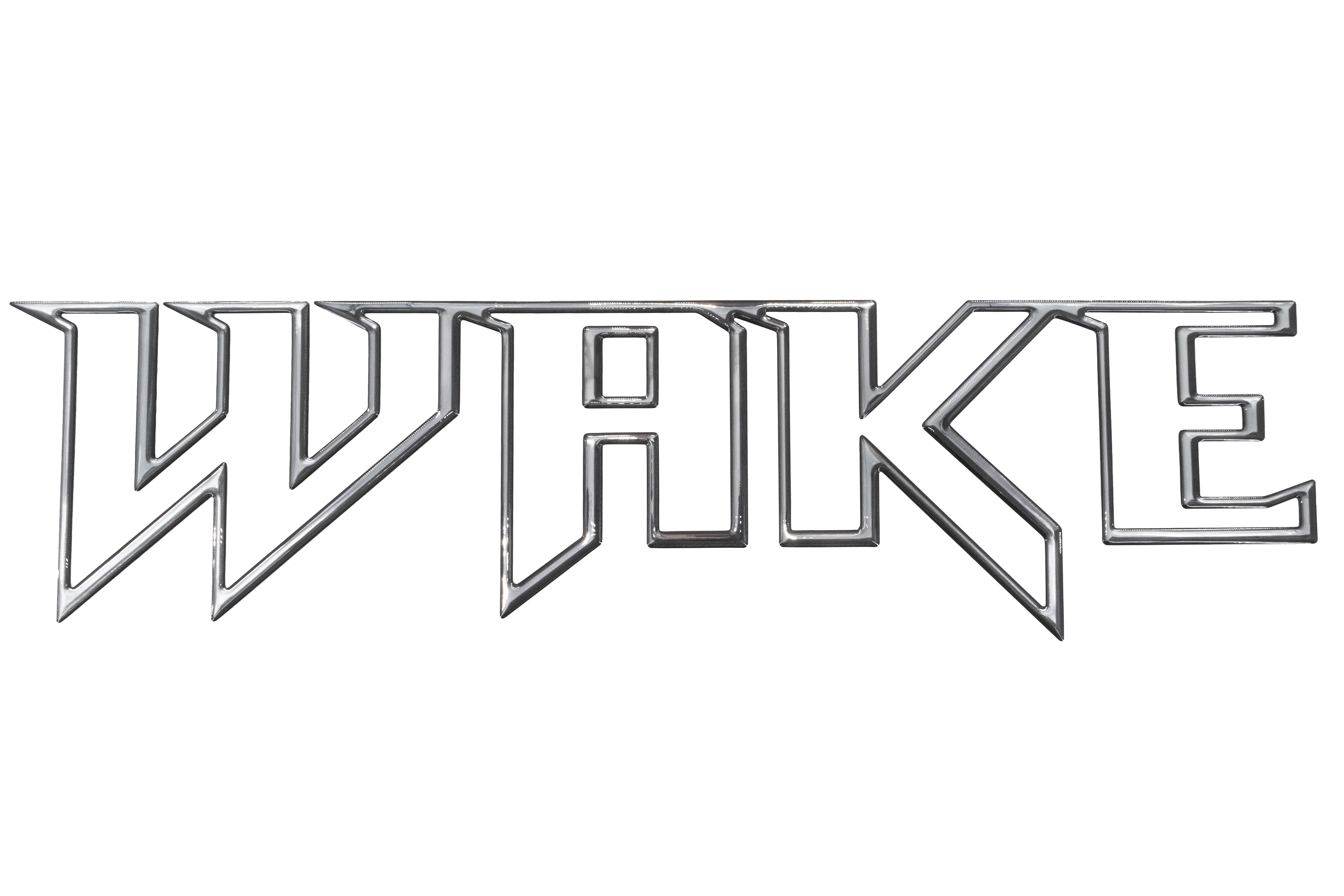 Silver "WAKE" text in a bold, angular font with a 3D drip mold overlay effect, isolated on a white background.