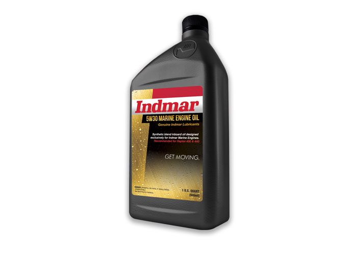 Black plastic 5-quart bottle of Indmar 5W-30 synthetic blend marine engine oil with red, gold, and black label.
