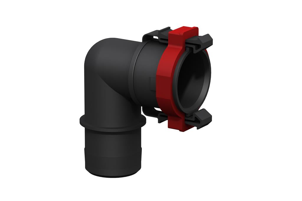 Flow Rite 1-1/8" black elbow fitting with red locking clamp for plumbing or irrigation systems.