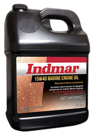 Black gallon jug of Indmar 15W-40 Marine Engine Oil with product label showing oil splash graphic and text detailing the oil specifications.