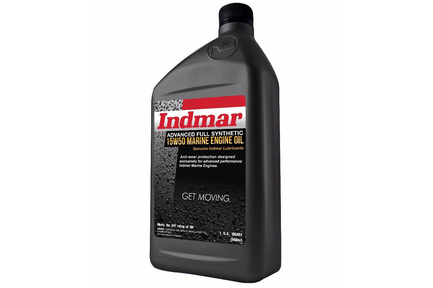 Alt text: "Indmar Advanced Full Synthetic 15W50 Marine Engine Oil in a 1-quart bottle, featuring anti-wear protection for enhanced marine engine performance."