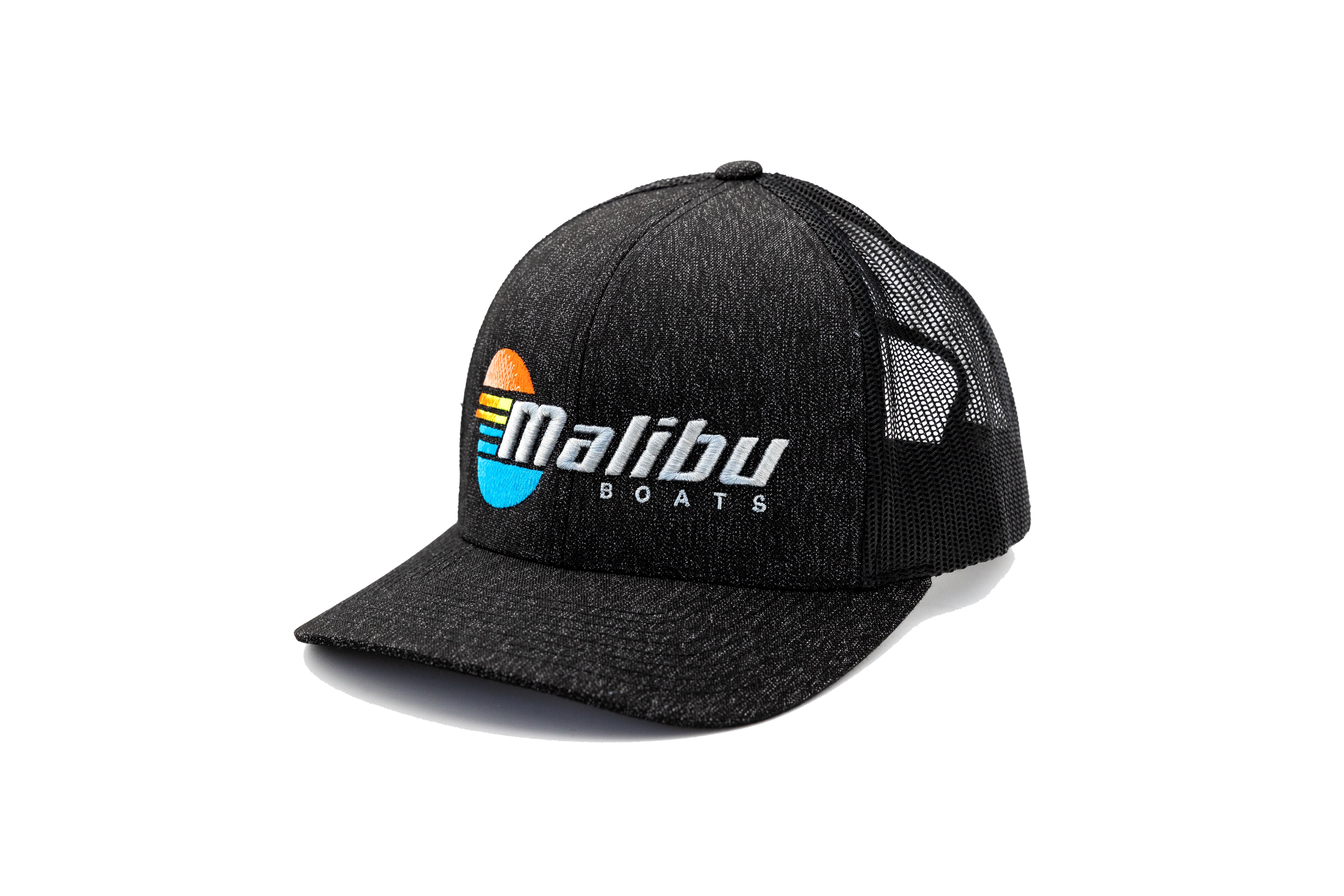 Black Malibu Boats trucker hat with mesh back and colorful embroidered Malibu Boats logo on front.