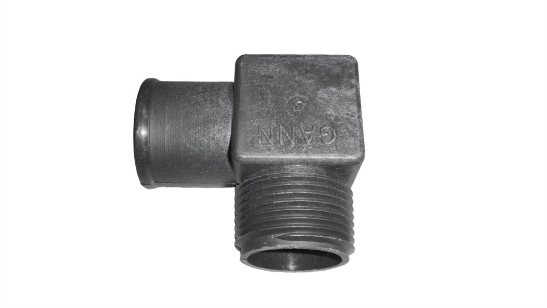Nylon elbow fitting, 1 x 1-1/4 inches, designed for V-Drive applications in Malibu and Axis boats.