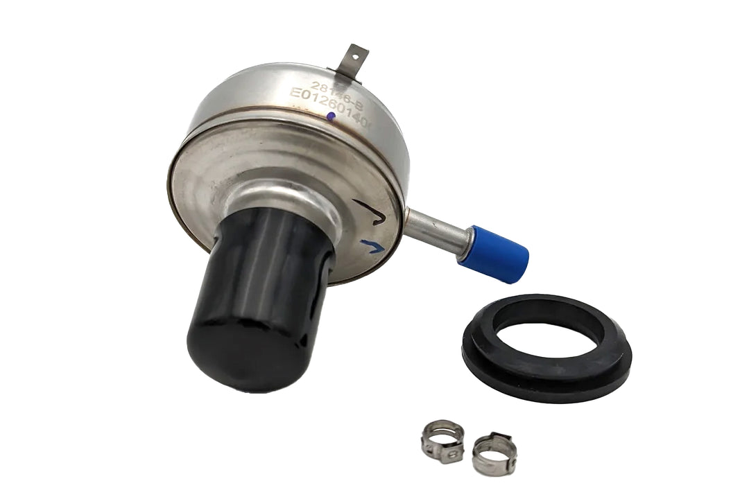 Fuel regulator kit for Gen 3 Malibu, includes metal regulator, rubber gasket, blue fitting, and clamps.