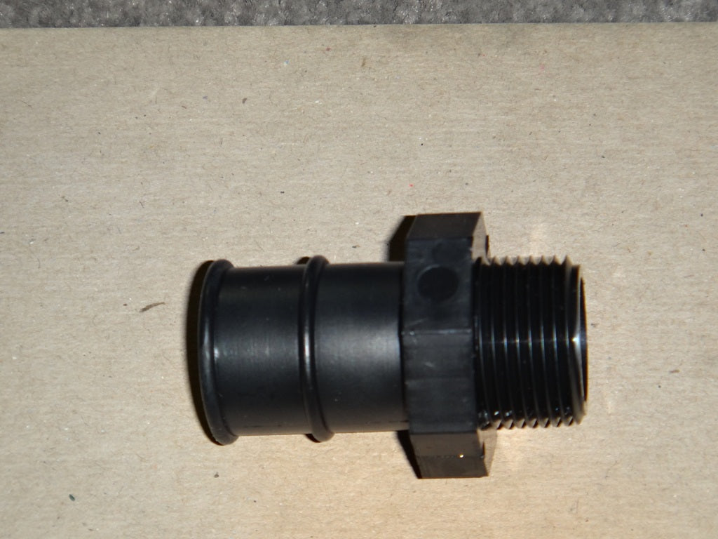 Black plastic Axis hose barb adapter fitting, 3/4" MPT to 1-1/8" barb, for connecting hoses and pipes.