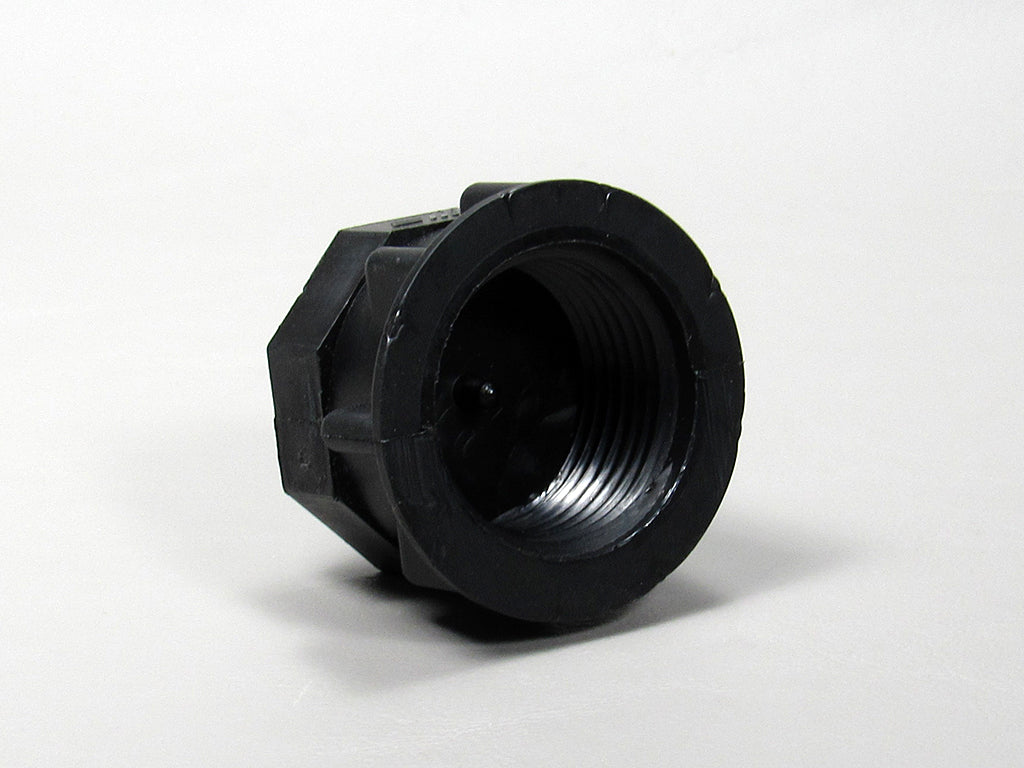 Black threaded fitting with a 1-inch thread size, designed for secure pipe or hose connections.
