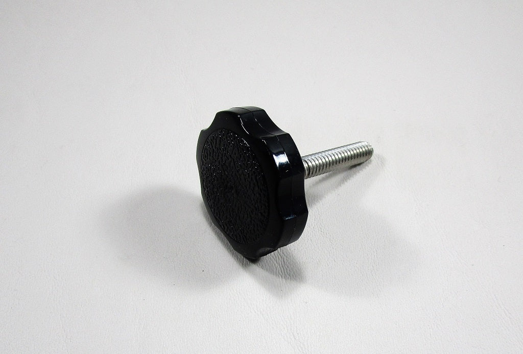 Malibu plastic thumb head screw with a black thumb knob and threaded metal shaft, used for securing components easily.