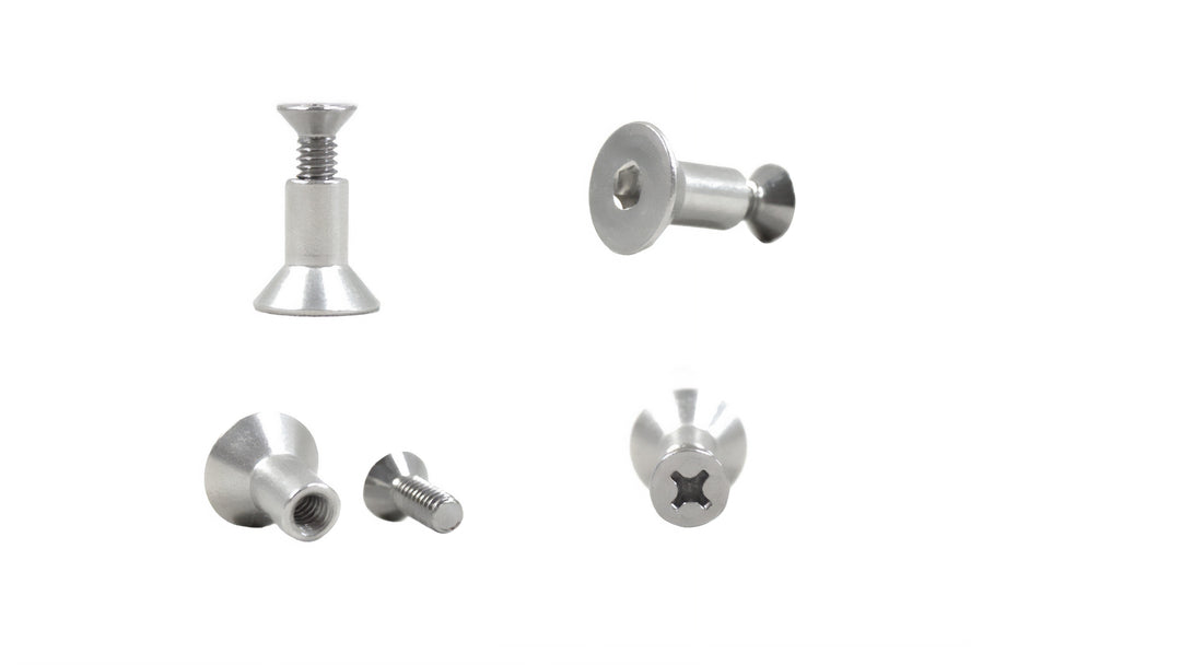 Set of stainless steel screws and anchors for Swimstep installation, including screws with Phillips heads and threaded inserts.