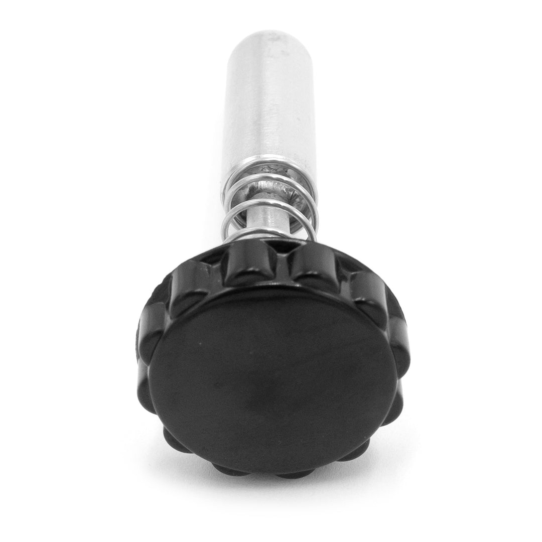 Flip down swim step pull pin kit with black knob, metal pin, and spring for easy installation and removal.