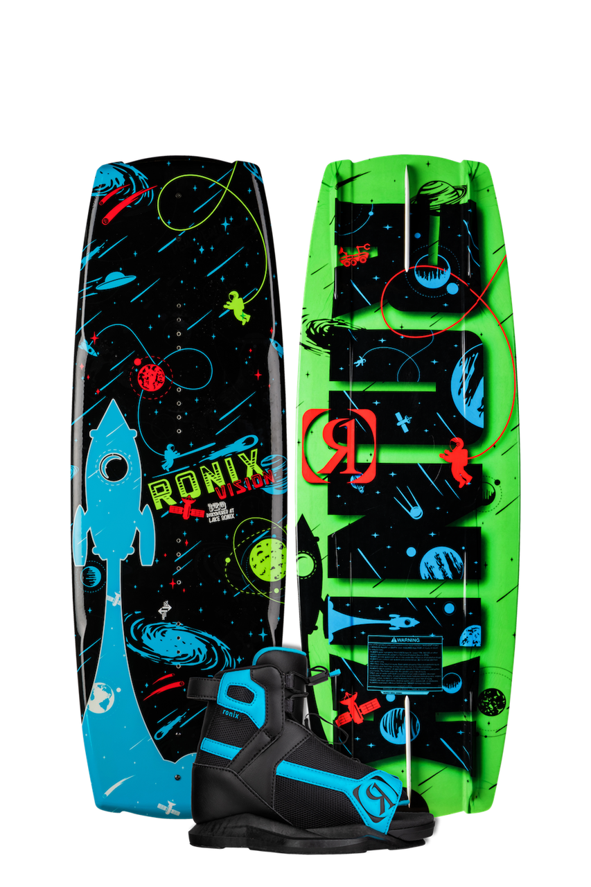 2025 Ronix Vision Kid's Wakeboard with colorful space-themed design, featuring a wakeboard and adjustable wakeboard boot.