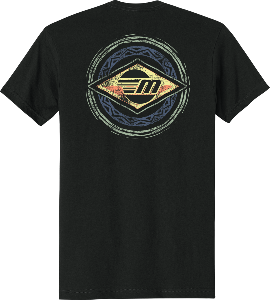 Black Malibu Surfer Tee with a colorful, circular graphic design on the back featuring geometric patterns and a stylized "M" logo.