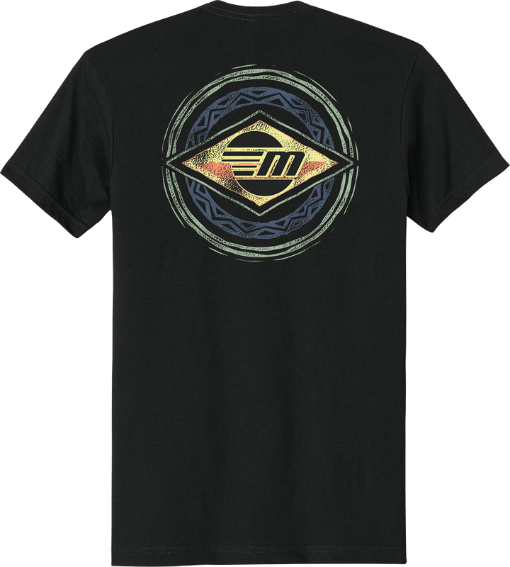 Black Malibu Surfer Tee with a colorful, circular graphic design on the back featuring geometric patterns and a stylized "M" logo.