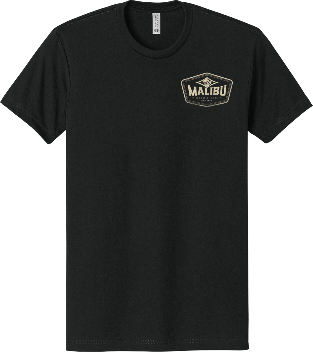 Black Malibu Diamond T-shirt with a small logo patch on the chest featuring "Malibu Boat Co." text and design.