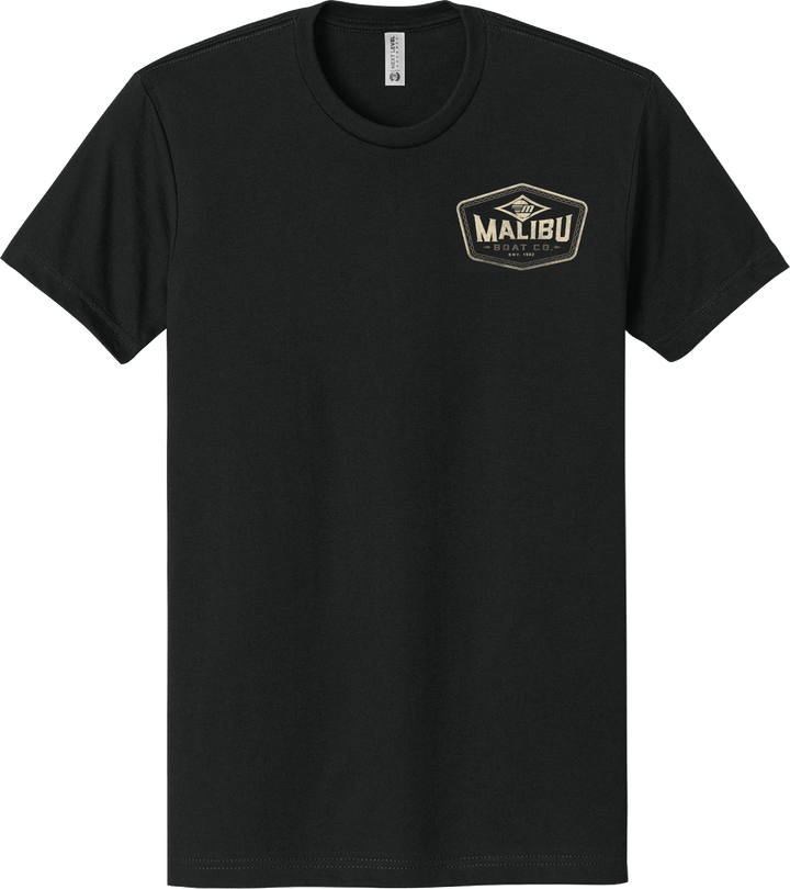 Black Malibu Diamond T-shirt with a small logo patch on the chest featuring "Malibu Boat Co." text and design.
