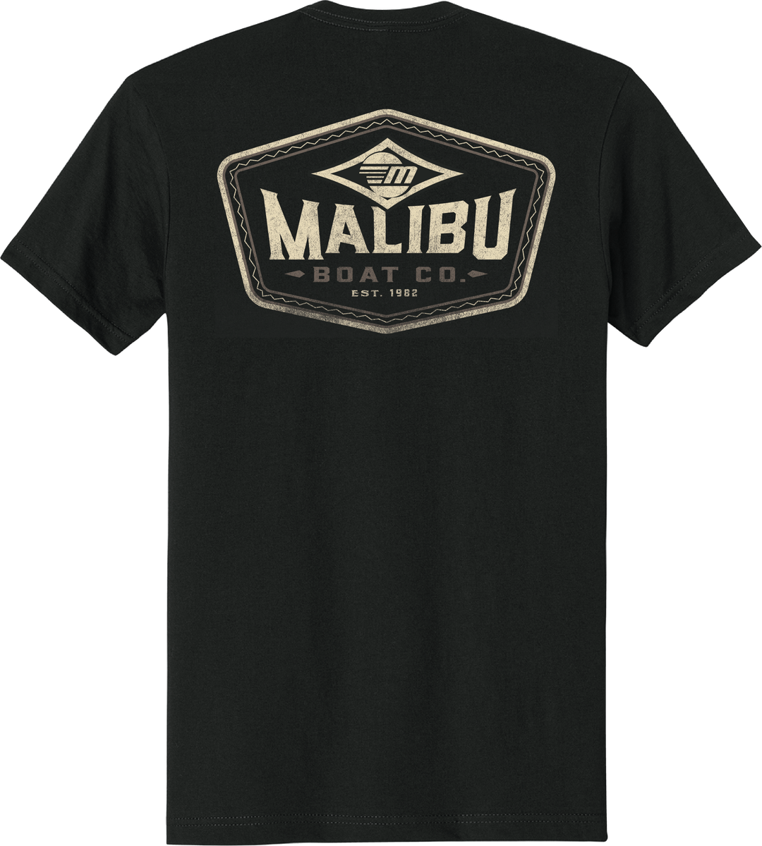Black Malibu Diamond Tee with a large vintage-style Malibu Boat Co. logo and "Est. 1982" text on the back.