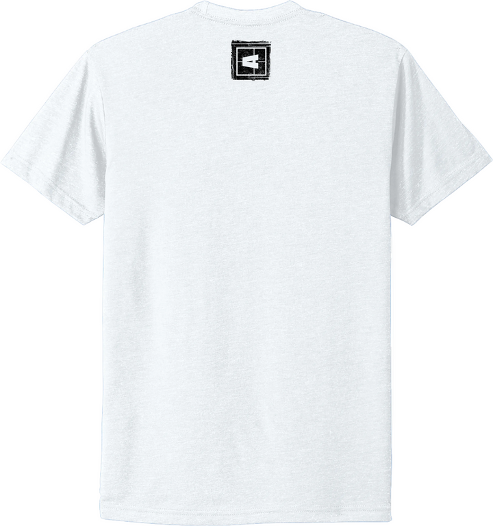White Axis Freedom Tee with a black and white logo patch on the back neckline. Simple, casual T-shirt design.
