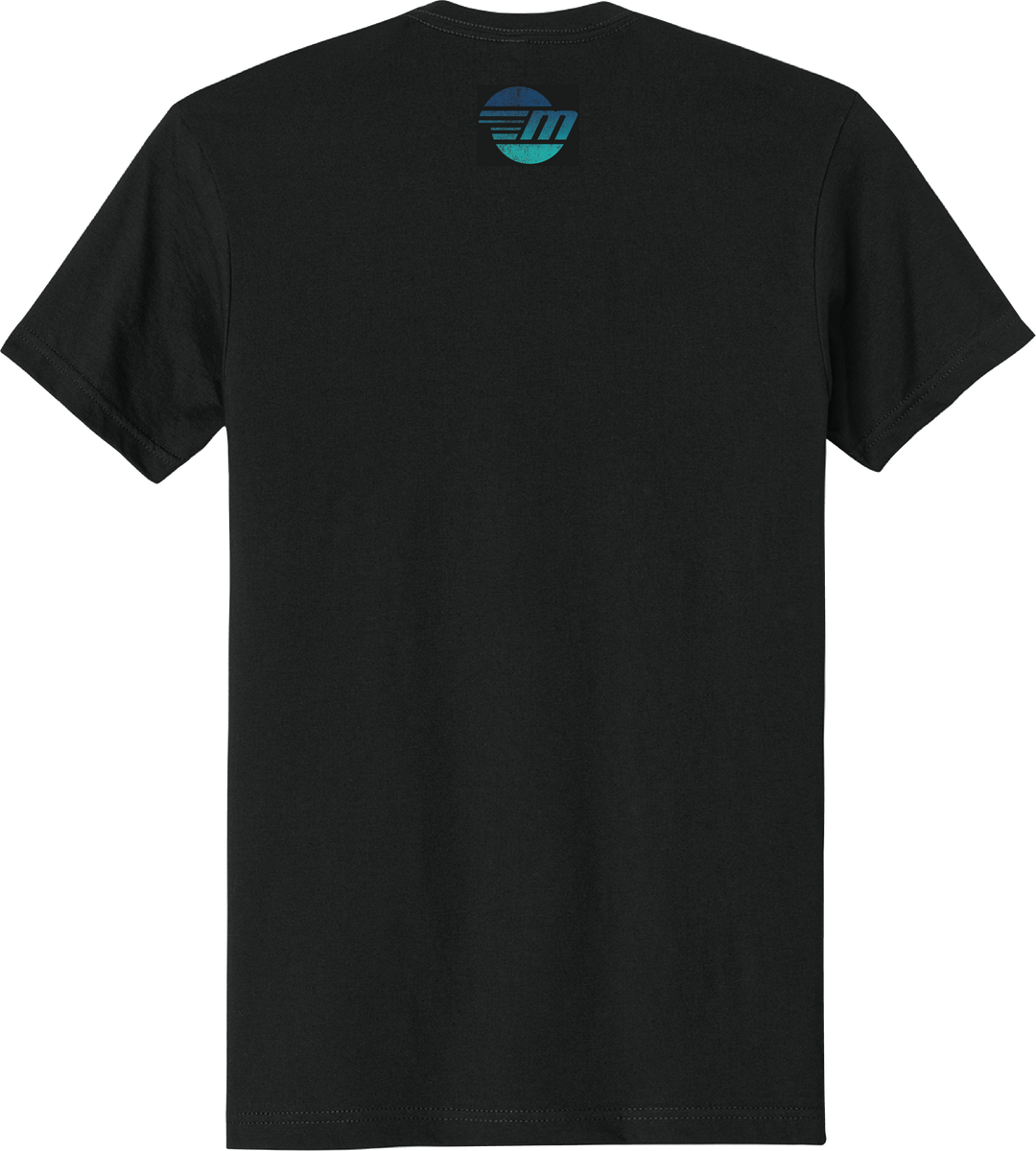 Black Malibu Legion T-shirt with a small, circular logo featuring blue and teal stripes on the back near the neckline.