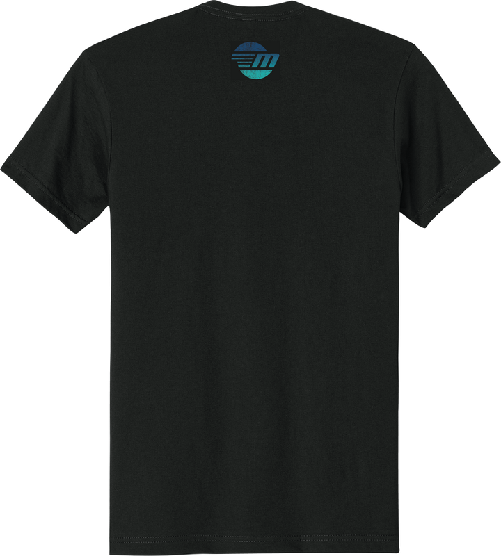 Black Malibu Legion T-shirt with a small, circular logo featuring blue and teal stripes on the back near the neckline.