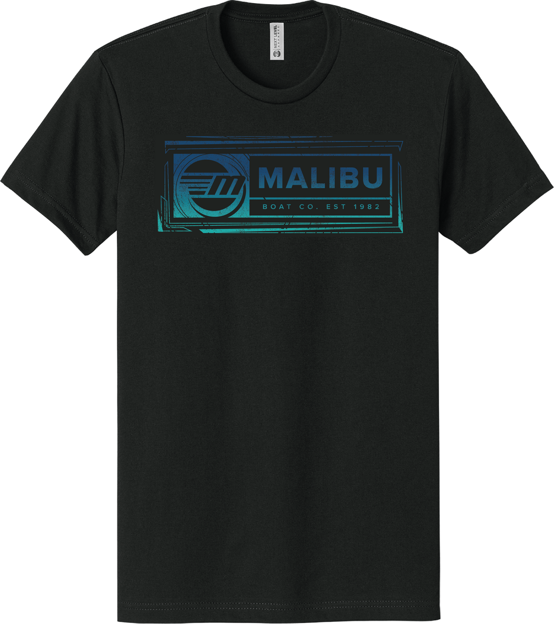 Black Malibu Legion T-shirt featuring a blue graphic logo with "Malibu" text, a boat emblem, and "Boat Co. Est 1982" underneath.