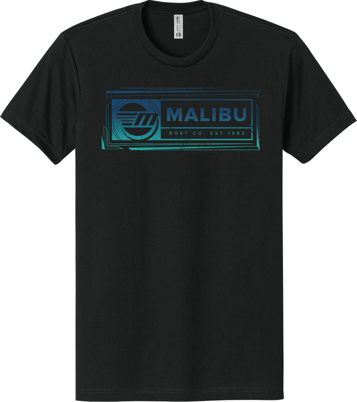 Black Malibu Legion T-shirt featuring a blue graphic logo with "Malibu" text, a boat emblem, and "Boat Co. Est 1982" underneath.