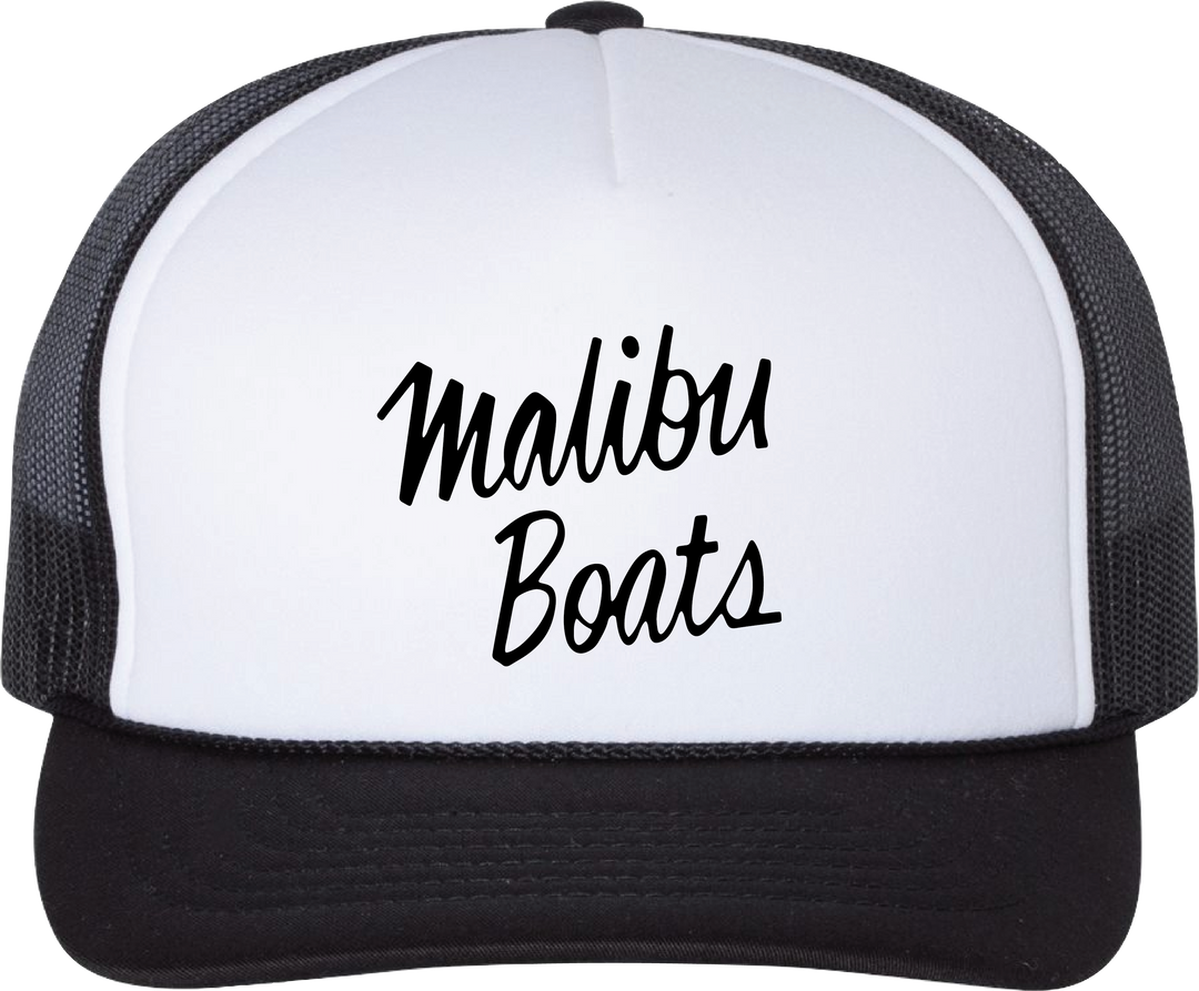 Trucker hat with "Malibu Boots" embroidered in black script on a white front panel, black brim, and mesh sides.