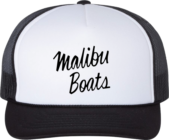 Trucker hat with "Malibu Boots" embroidered in black script on a white front panel, black brim, and mesh sides.
