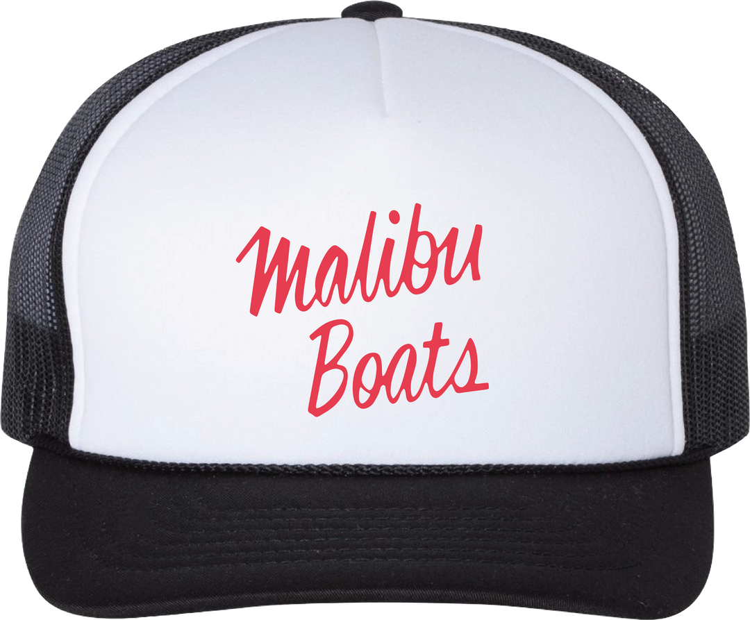Trucker hat with "Malibu Boats" embroidered in red on the front panel, black brim, and mesh sides.