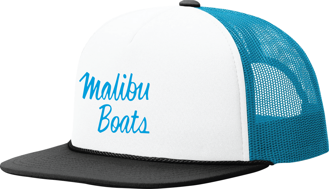 White and black trucker hat with blue mesh back and "Malibu Boats" embroidered in blue on the front panel.