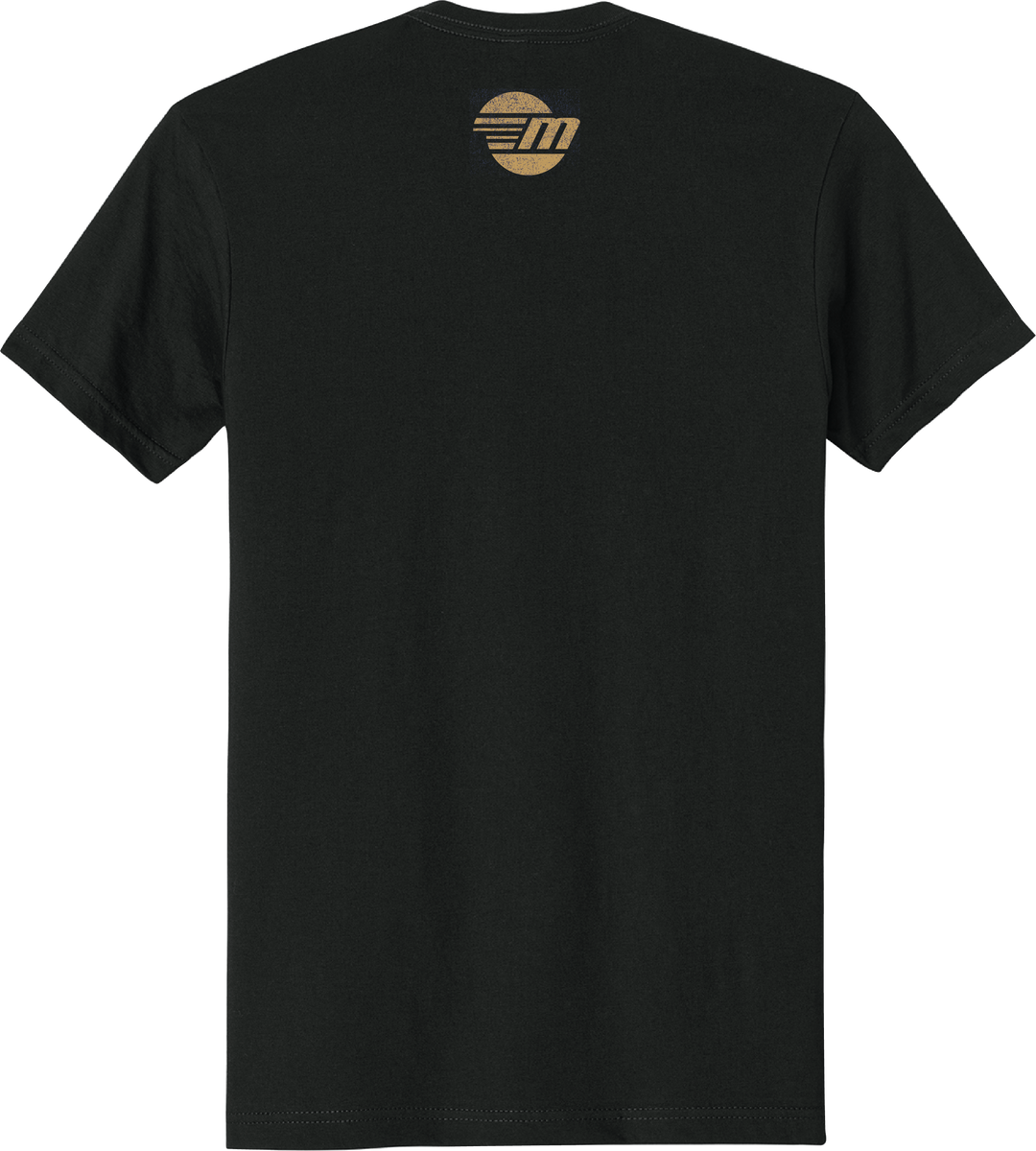 Black Malibu Icon T-shirt with a gold and black circular logo featuring a stylized "M" on the back near the neckline.