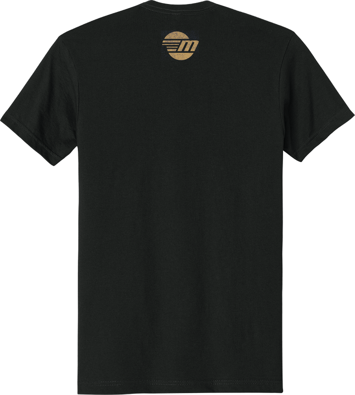 Black Malibu Icon T-shirt with a gold and black circular logo featuring a stylized "M" on the back near the neckline.