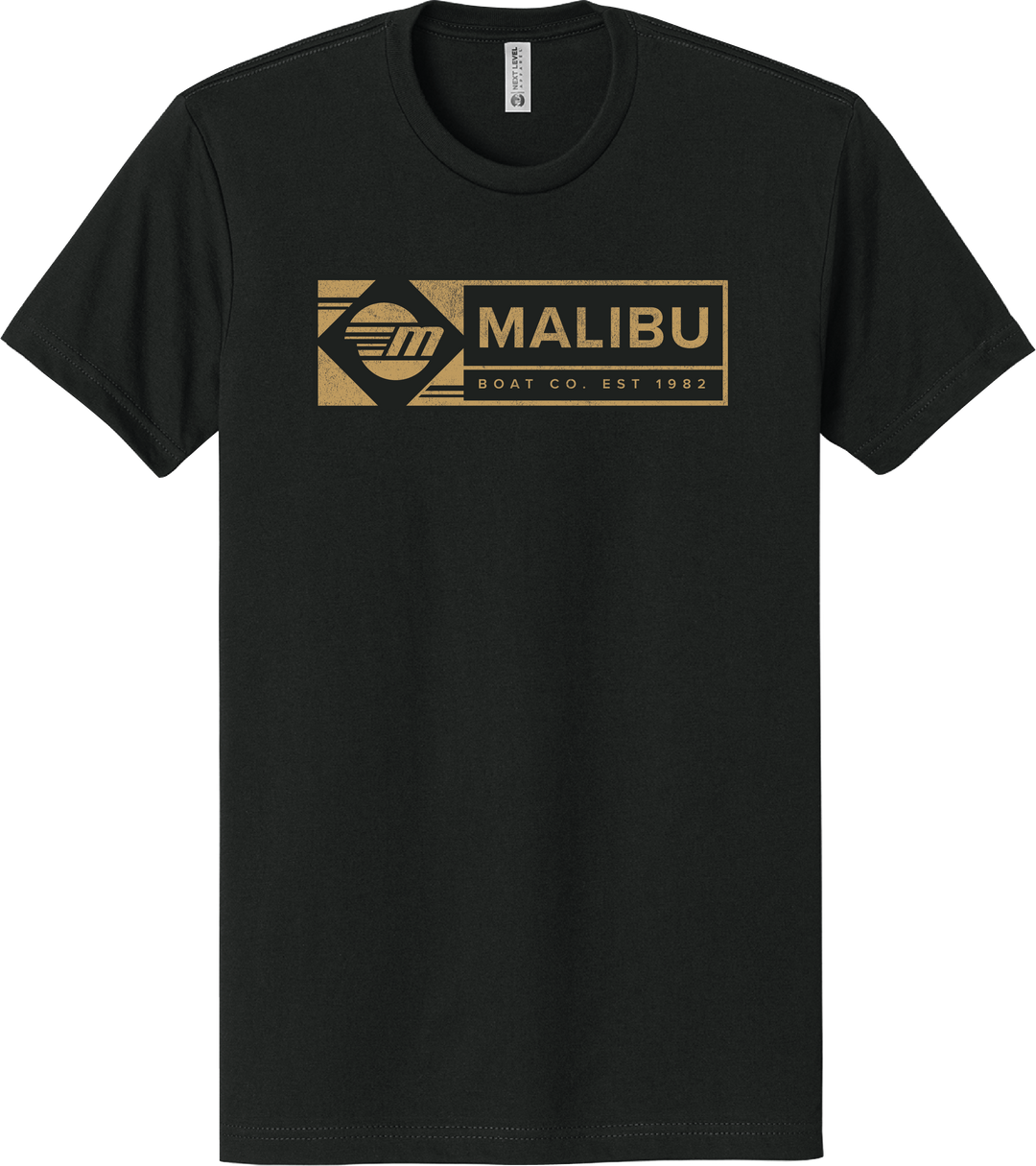 Black Malibu Icon Tee featuring a gold and black logo with "Malibu Boat Co. Est 1982" text on the front.
