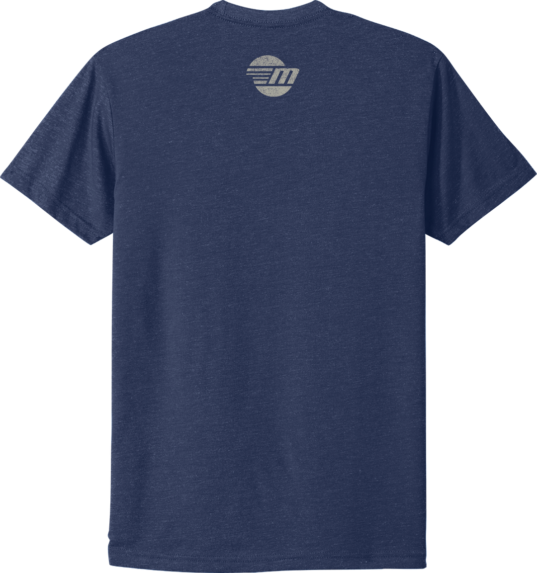 Back of navy blue Malibu Icon Tee with a small, circular logo featuring "M" and horizontal lines near the neckline.