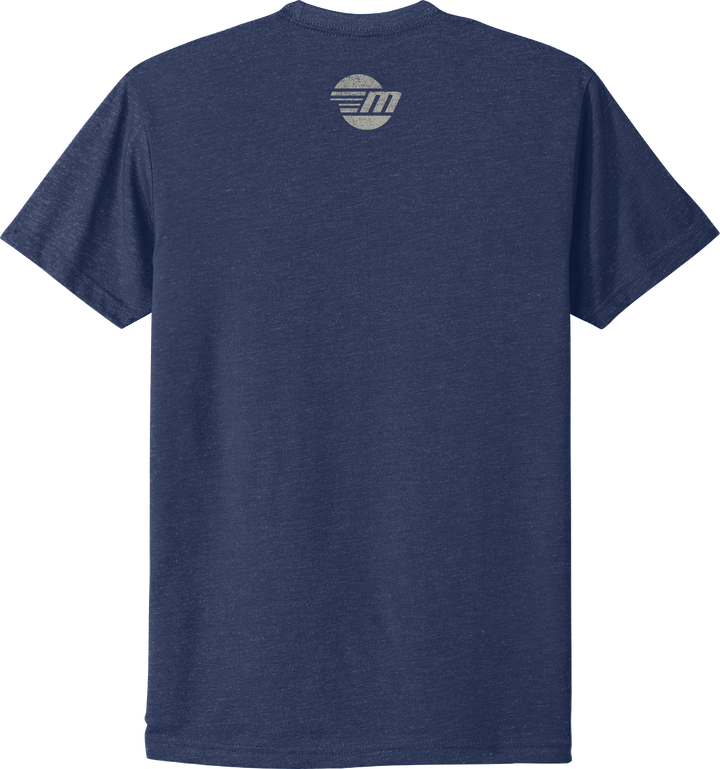 Back of navy blue Malibu Icon Tee with a small, circular logo featuring "M" and horizontal lines near the neckline.