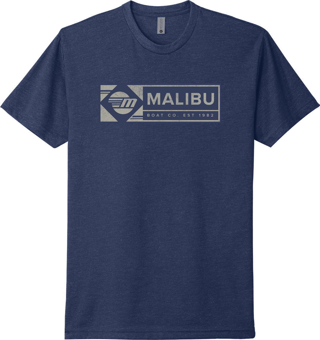 Navy blue Malibu Icon Tee with a graphic logo featuring "Malibu Boat Co. Est 1982" on the front.