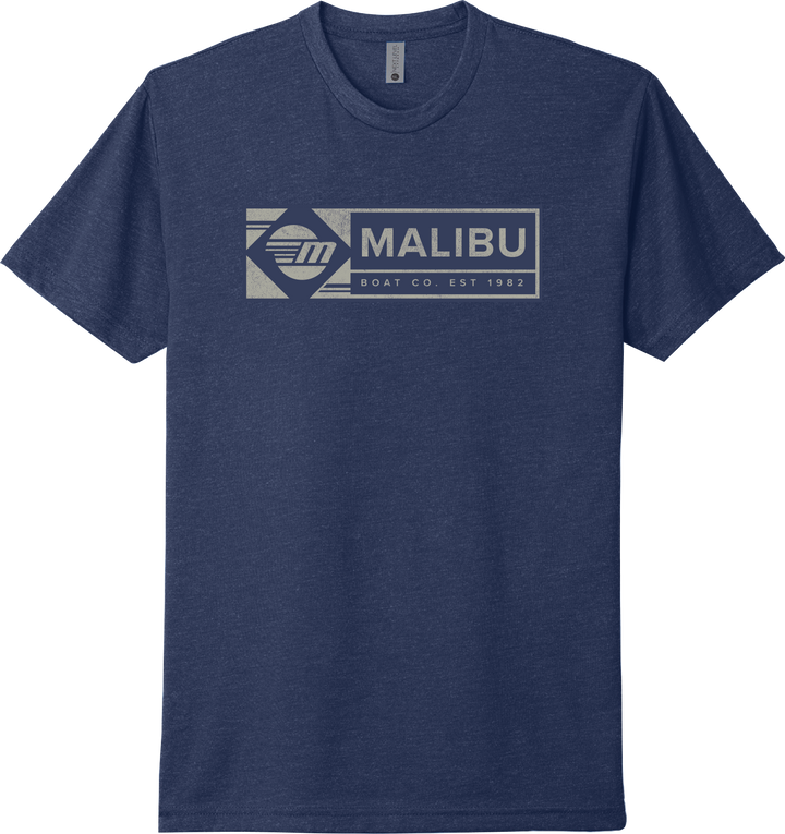 Navy blue Malibu Icon Tee with a graphic logo featuring "Malibu Boat Co. Est 1982" on the front.