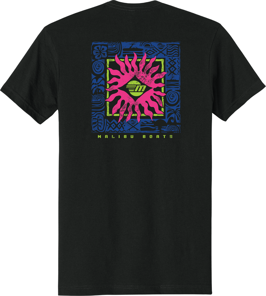 Black Malibu Tribal Tee featuring a colorful graphic design with a pink sun, green accents, and blue tribal patterns, with "Malibu Boats" text below.