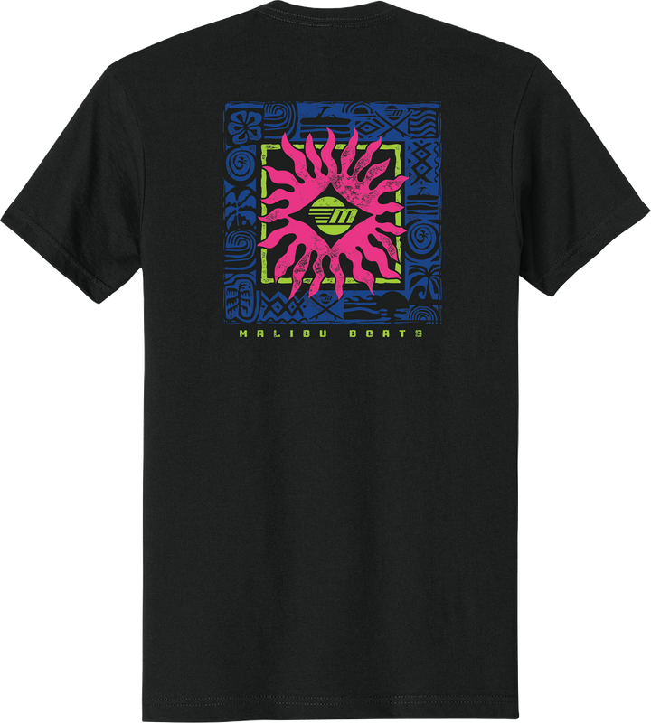 Black Malibu Tribal Tee featuring a colorful graphic design with a pink sun, green accents, and blue tribal patterns, with "Malibu Boats" text below.