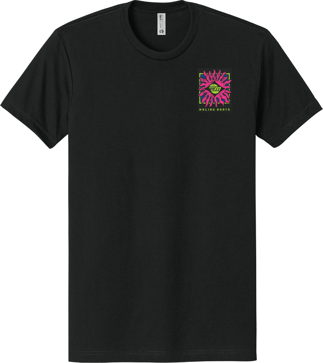 Black Malibu Tribal T-shirt with a colorful square graphic of a sun, wave, and boat design on the chest, and "Malibu Boats" text below.