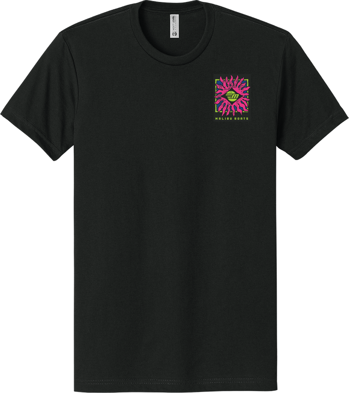 Black Malibu Tribal T-shirt with a colorful square graphic of a sun, wave, and boat design on the chest, and "Malibu Boats" text below.