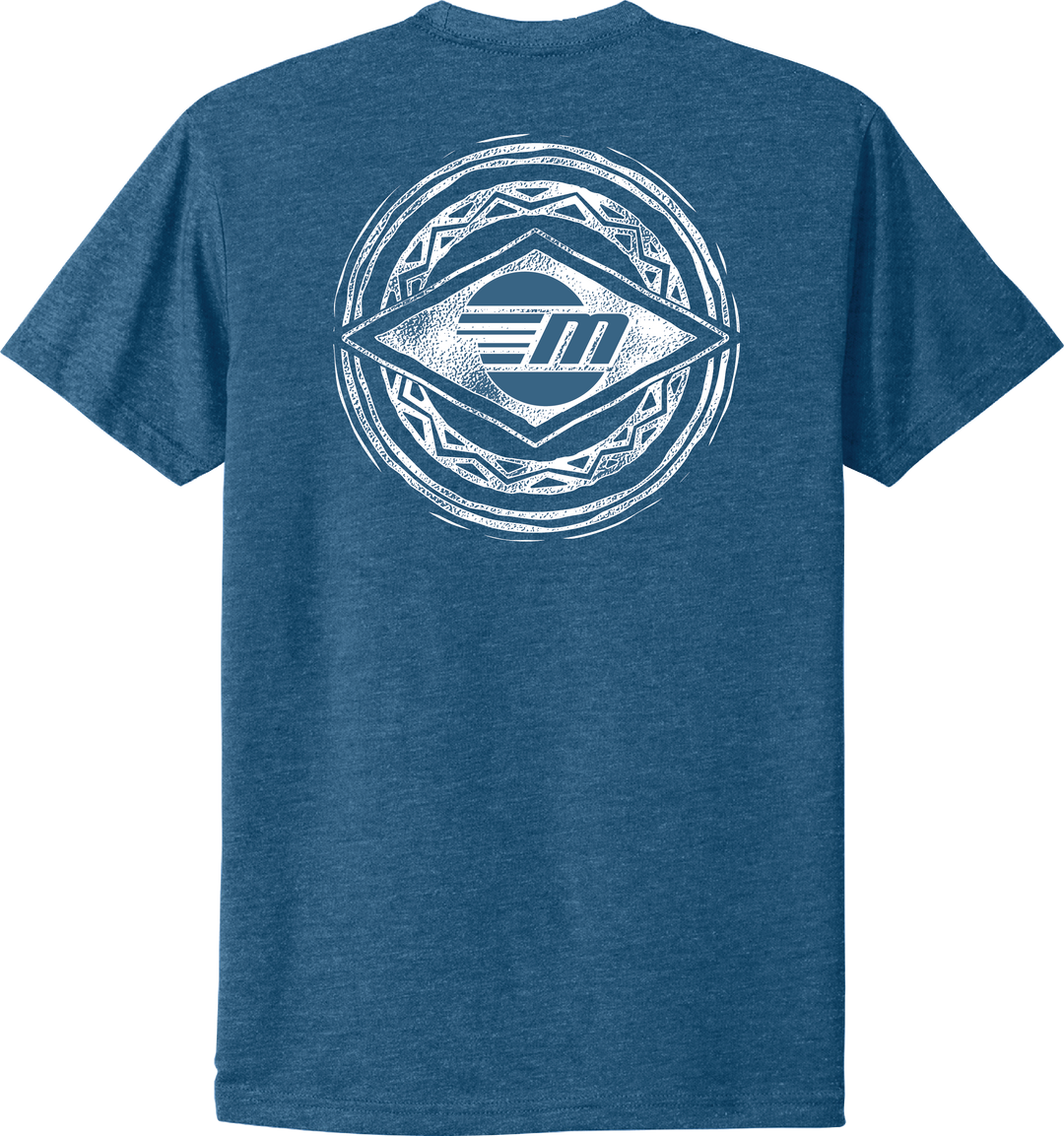 Blue Malibu Surfer Tee with a large white graphic logo on the back featuring geometric patterns and a central "M" emblem.