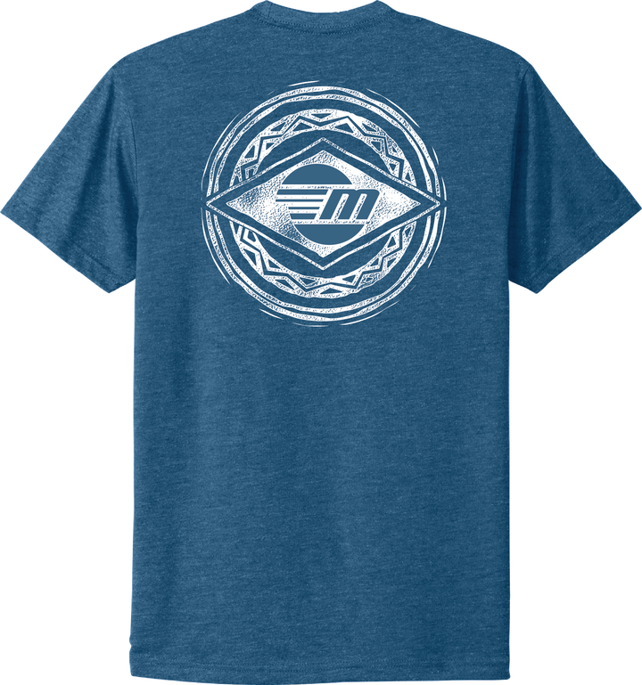 Blue Malibu Surfer Tee with a large white graphic logo on the back featuring geometric patterns and a central "M" emblem.