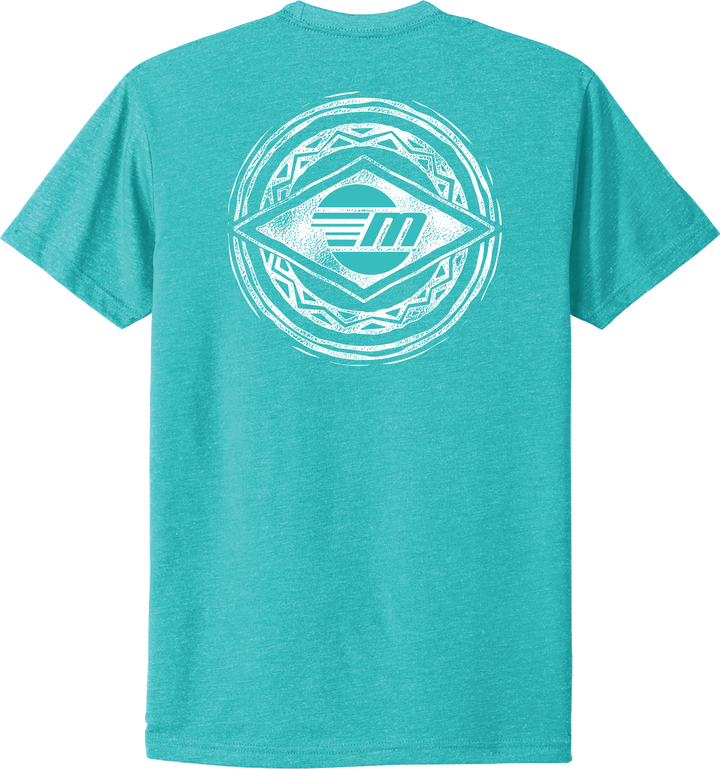 Turquoise Malibu Surfer Tee with a white circular graphic design featuring a stylized "M" logo on the back.