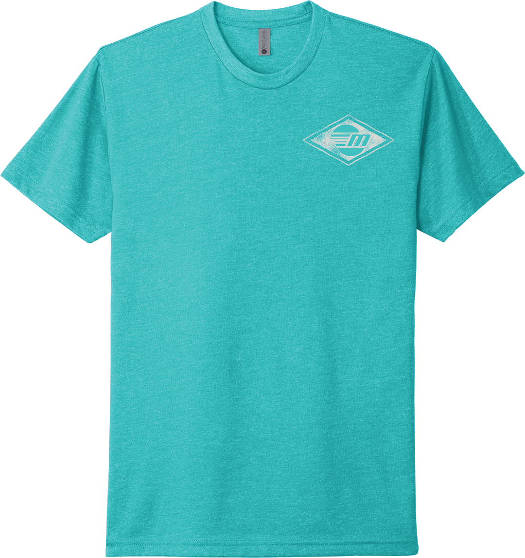 Turquoise Malibu Surfer T-shirt with a small white logo on the chest, short sleeves, and a round neckline.