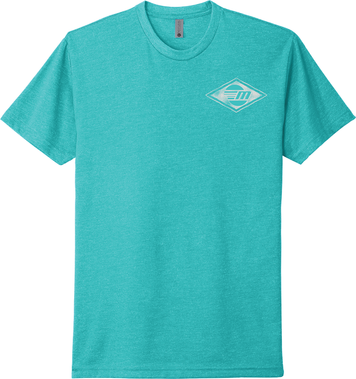 Turquoise Malibu Surfer T-shirt with a small white logo on the chest, short sleeves, and a round neckline.